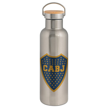 Club Atlético Boca Juniors, Stainless steel Silver with wooden lid (bamboo), double wall, 750ml