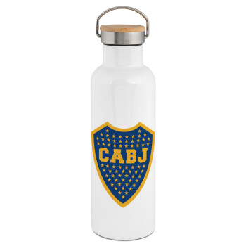 Club Atlético Boca Juniors, Μεταλλικό παγούρι θερμός (Stainless steel) Λευκό με ξύλινο καπάκι (bamboo), διπλού τοιχώματος, 750ml