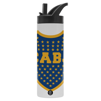 Club Atlético Boca Juniors, Μεταλλικό παγούρι θερμός με καλαμάκι & χειρολαβή, ανοξείδωτο ατσάλι (Stainless steel 304), διπλού τοιχώματος, 600ml