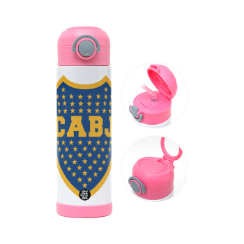 Club Atlético Boca Juniors, Children's hot water bottle, stainless steel, with safety straw, PINK (500ml)