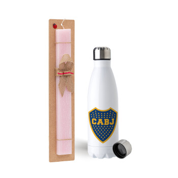 Club Atlético Boca Juniors, Easter Set, metallic stainless steel water bottle (750ml) & scented flat Easter candle (30cm) (PINK)