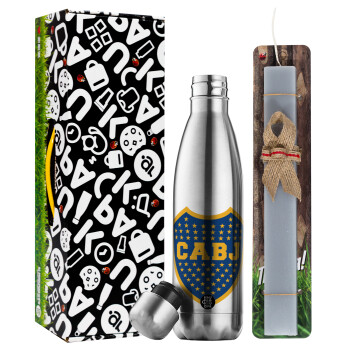 Club Atlético Boca Juniors, Easter Set, metallic stainless thermos flask (500ml) & scented flat Easter candle (30cm) (GRAY)
