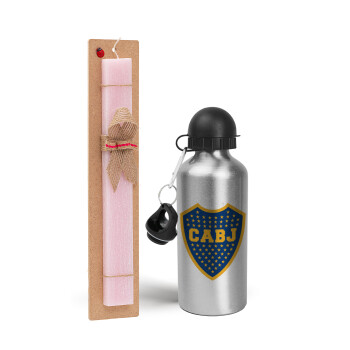 Club Atlético Boca Juniors, Easter Set, metallic Silver aluminum water bottle (500ml) & scented flat Easter candle (30cm) (PINK)
