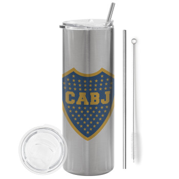 Club Atlético Boca Juniors, Tumbler stainless steel Silver 600ml, with metal straw & cleaning brush