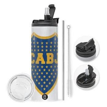 Club Atlético Boca Juniors, Travel Tumbler 2 Lids, with metal straw & cleaning brush (Stainless steel 304 Food grade, BPA free, 600ml)