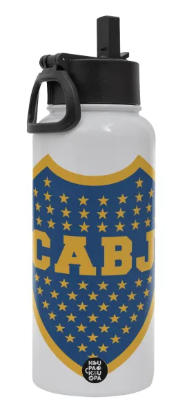 Club Atlético Boca Juniors — Metal mug thermo White with Straw and Spout Lid (Stainless steel), double wall, 950ml