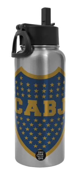 Club Atlético Boca Juniors — Μεταλλικό παγούρι θερμός Silver με καλαμάκι και χερούλι (Stainless steel), διπλού τοιχώματος, 950ml