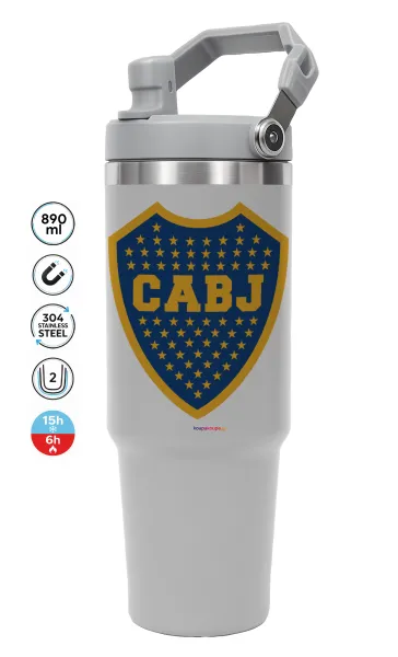 Club Atlético Boca Juniors — ΓΚΡΙ Travel Tumbler Θερμός με χερούλι και καλαμάκι 890ml