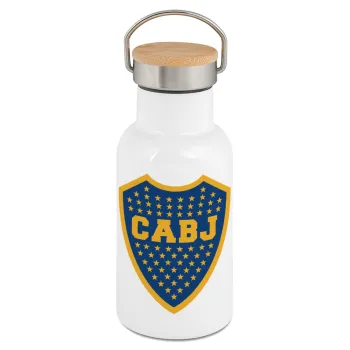 Club Atlético Boca Juniors, Μεταλλικό παγούρι θερμός (Stainless steel) Λευκό με ξύλινο καπακι (bamboo), διπλού τοιχώματος, 350ml