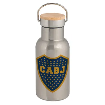Club Atlético Boca Juniors, Stainless steel metallic thermos flask, silver with a bamboo lid, double-walled, 350ml.
