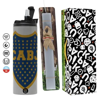 Club Atlético Boca Juniors, Easter candle with Grey Tumbler Thermo 600ml & aromatic flat candle (30cm) (GREY)