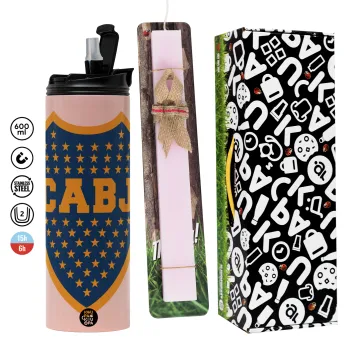 Club Atlético Boca Juniors, Πασχαλινή Λαμπάδα με  ΡΟΖ Travel Tumbler θερμό (600ml, BPA free) & κερί αρωματικό πλακέ (30cm) (ΡΟΖ)