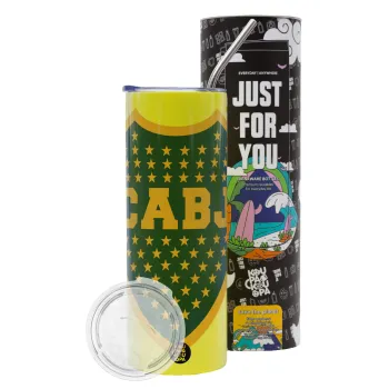 Club Atlético Boca Juniors, Neon Yellow Travel Tumbler θερμό, μεταλλικό καλαμάκι(Ανωξείδωτο 304 Food grade, BPA free, 600ml)