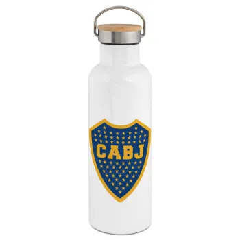 Club Atlético Boca Juniors, Μεταλλικό παγούρι θερμός (Stainless steel) Λευκό με ξύλινο καπάκι (bamboo), διπλού τοιχώματος, 750ml