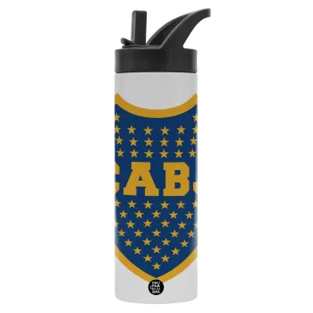 Club Atlético Boca Juniors, Μεταλλικό παγούρι θερμός με καλαμάκι & χειρολαβή, ανοξείδωτο ατσάλι (Stainless steel 304), διπλού τοιχώματος, 600ml