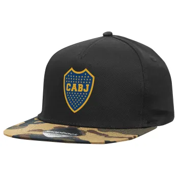 Club Atlético Boca Juniors, Adult Flat Snapback Hat Black/Camouflage, (100% COTTON TWILL, ADULT, UNISEX, ONE SIZE)