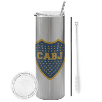 Club Atlético Boca Juniors, Tumbler ποτήρι θερμό Ασημένιο από ανοξείδωτο ατσάλι 600ml, με μεταλλικό καλαμάκι & βούρτσα καθαρισμού