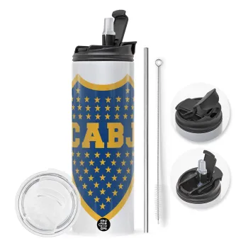 Club Atlético Boca Juniors, Travel Tumbler 2 Lids, with metal straw & cleaning brush (Stainless steel 304 Food grade, BPA free, 600ml)
