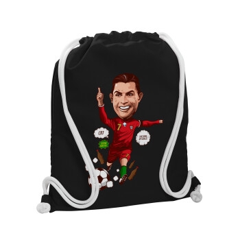 Cristiano Ronaldo, Τσάντα πλάτης πουγκί GYMBAG Μαύρη, με τσέπη (40x48cm) & χονδρά λευκά κορδόνια