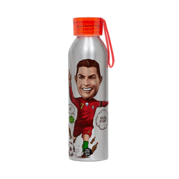 Cristiano Ronaldo, Aluminum Sports Bottle 650ml – Silver with Red Cap and Silicone Strap