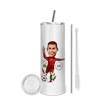 Cristiano Ronaldo, Eco friendly ποτήρι θερμό (tumbler) από ανοξείδωτο ατσάλι 600ml, με μεταλλικό καλαμάκι & βούρτσα καθαρισμού