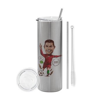 Cristiano Ronaldo, Tumbler stainless steel Silver 600ml, with metal straw & cleaning brush