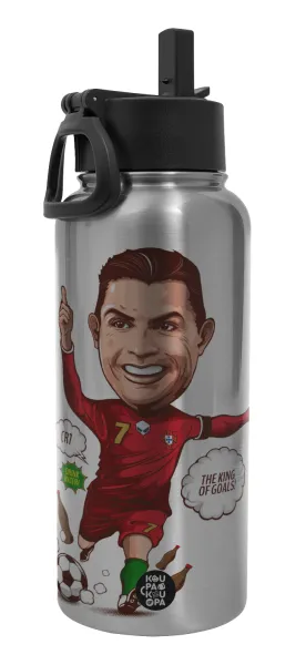 Cristiano Ronaldo — Metal mug thermo Silver with Straw and Spout Lid (Stainless steel), double wall, 950ml