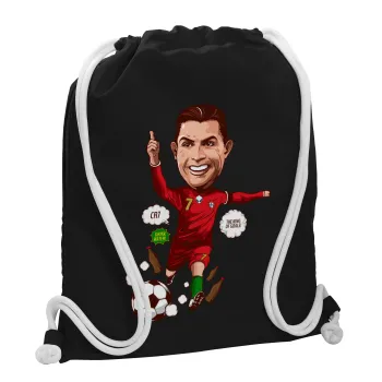 Cristiano Ronaldo, Backpack pouch GYMBAG Black, with pocket (40x48cm) & thick white cords