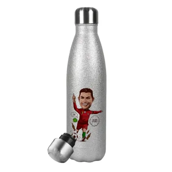 Cristiano Ronaldo, Μεταλλικό παγούρι θερμός Glitter Aσημένιο (Stainless steel), διπλού τοιχώματος, 500ml