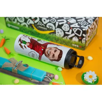 Cristiano Ronaldo, Easter candle,Travel Tumbler 2 Lids, with metal straw & cleaning brush & aromatic flat candle (30cm) (BLUE)