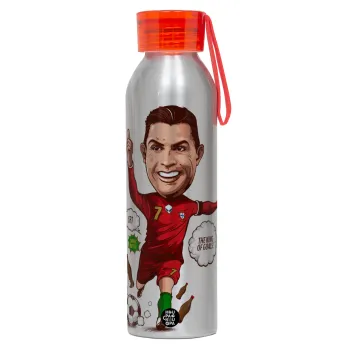 Cristiano Ronaldo, Αλουμινένιο Αθλητικό Μπουκάλι 650ml – Ασημί με Κόκκινο Καπάκι και Λουράκι Σιλικόνης