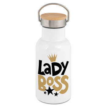 Lady Boss, Μεταλλικό παγούρι θερμός (Stainless steel) Λευκό με ξύλινο καπακι (bamboo), διπλού τοιχώματος, 350ml