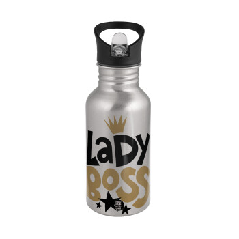 Lady Boss, Παγούρι νερού Ασημένιο με καλαμάκι, ανοξείδωτο ατσάλι 500ml