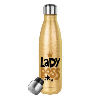 Lady Boss, Μεταλλικό παγούρι θερμός Glitter χρυσό (Stainless steel), διπλού τοιχώματος, 500ml
