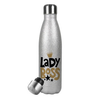 Lady Boss, Μεταλλικό παγούρι θερμός Glitter Aσημένιο (Stainless steel), διπλού τοιχώματος, 500ml