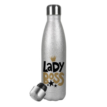 Lady Boss, Μεταλλικό παγούρι θερμός Glitter Aσημένιο (Stainless steel), διπλού τοιχώματος, 500ml