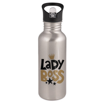 Lady Boss, Water bottle Silver with straw, stainless steel 600ml