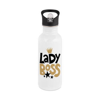 Lady Boss, White water bottle with straw, stainless steel 600ml