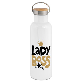 Lady Boss, Stainless steel White with wooden lid (bamboo), double wall, 750ml