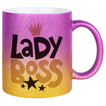 Lady Boss, Κούπα Χρυσή/Ροζ Glitter, κεραμική, 330ml