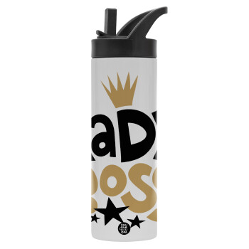 Lady Boss, Μεταλλικό παγούρι θερμός με καλαμάκι & χειρολαβή, ανοξείδωτο ατσάλι (Stainless steel 304), διπλού τοιχώματος, 600ml