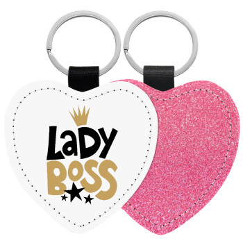 Lady Boss, Μπρελόκ PU δερμάτινο glitter καρδιά ΡΟΖ