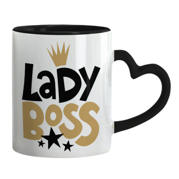 Lady Boss, Κούπα καρδιά χερούλι μαύρη, κεραμική, 330ml