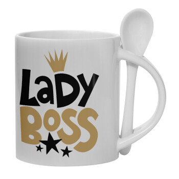 Lady Boss, Ceramic coffee mug with Spoon, 330ml (1pcs)