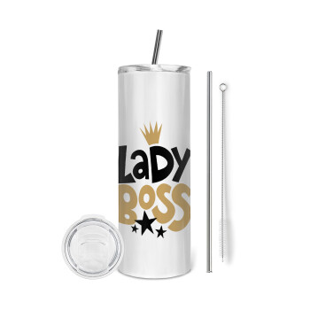 Lady Boss, Eco friendly ποτήρι θερμό (tumbler) από ανοξείδωτο ατσάλι 600ml, με μεταλλικό καλαμάκι & βούρτσα καθαρισμού