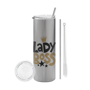 Lady Boss, Eco friendly ποτήρι θερμό Ασημένιο (tumbler) από ανοξείδωτο ατσάλι 600ml, με μεταλλικό καλαμάκι & βούρτσα καθαρισμού