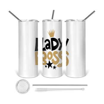 Lady Boss, 360 Eco friendly ποτήρι θερμό (tumbler) από ανοξείδωτο ατσάλι 600ml, με μεταλλικό καλαμάκι & βούρτσα καθαρισμού