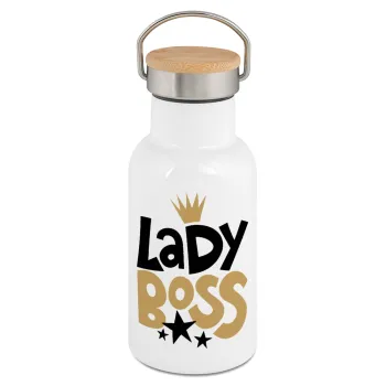 Lady Boss, Μεταλλικό παγούρι θερμός (Stainless steel) Λευκό με ξύλινο καπακι (bamboo), διπλού τοιχώματος, 350ml
