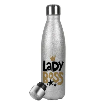 Lady Boss, Metallic Glitter Silver Thermos Flask (Stainless steel), double-walled, 500ml
