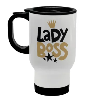 Lady Boss, Stainless steel travel mug with lid, double wall white 450ml